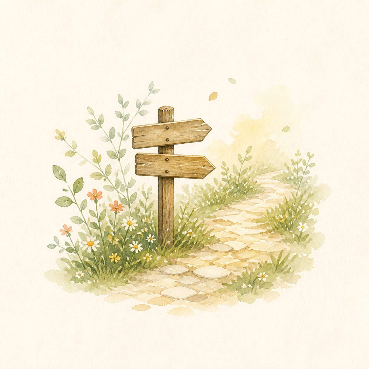 道しるべと植物の水彩イラスト