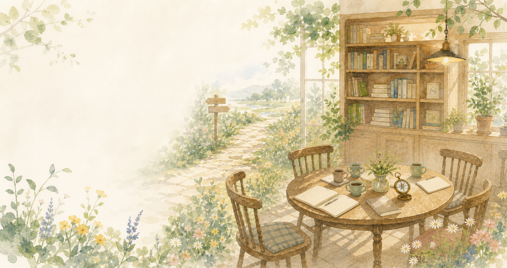 本棚のある明るい部屋に丸いテーブル、椅子、ノート、カップ、コンパスが置かれた水彩風イラスト