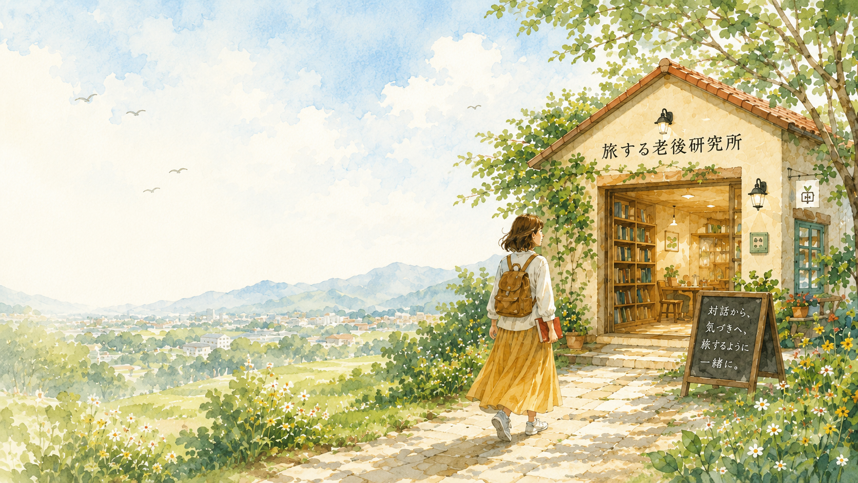 小さな研究所へ向かう人と、あたたかな家の水彩イラスト