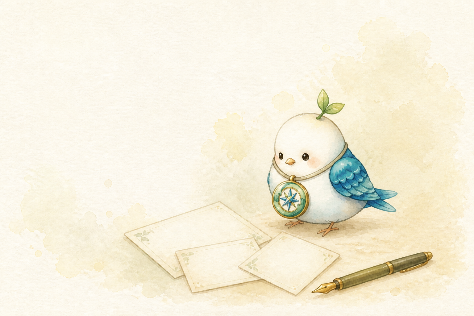 かたらいふの案内役の小鳥とカードの水彩イラスト