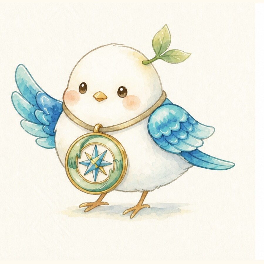 青い鳥のキャラクター「かたるん」の水彩イラスト