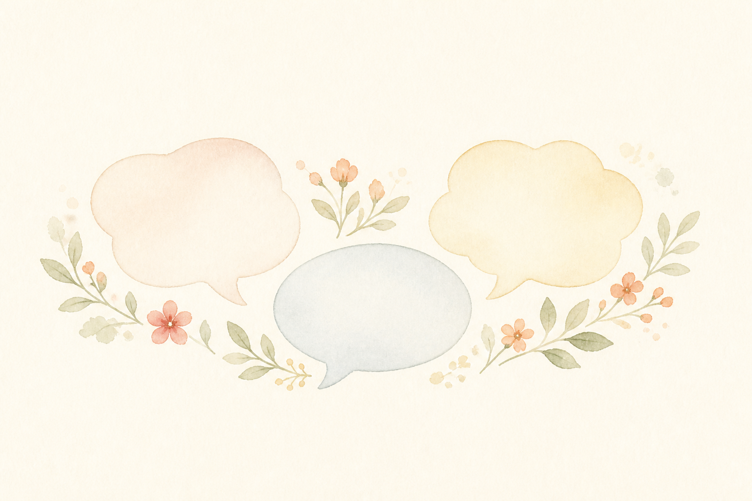 参加者の声をあらわす、3つのふきだしと花の水彩イラスト