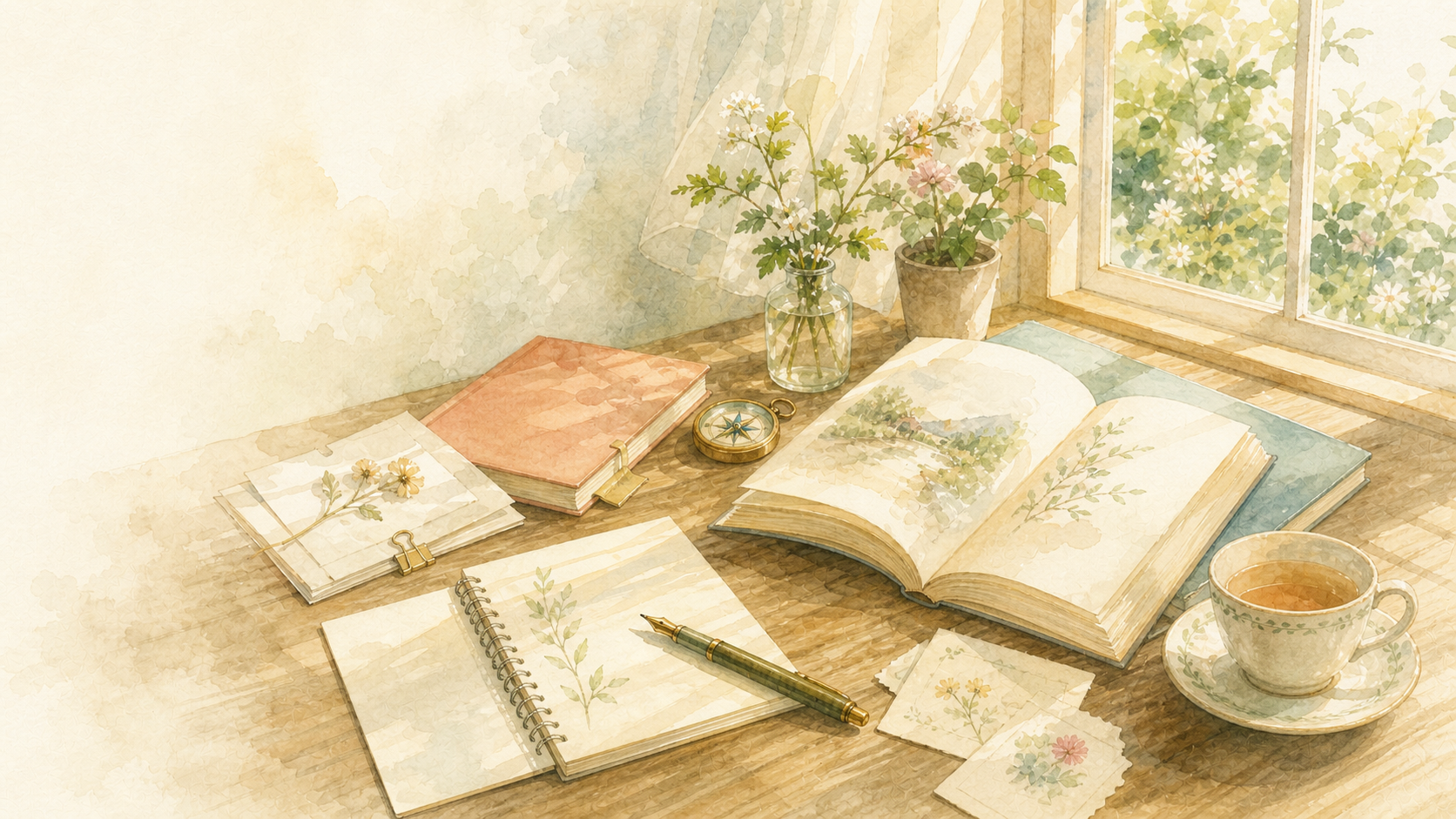 窓辺の机に本、ノート、万年筆、花、コンパス、カップが並ぶ水彩イラスト